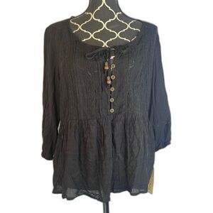 Rewind NWT Black Peplum 1/2 Button Front Boho Semi Sheer Lace Trim Blouse Large